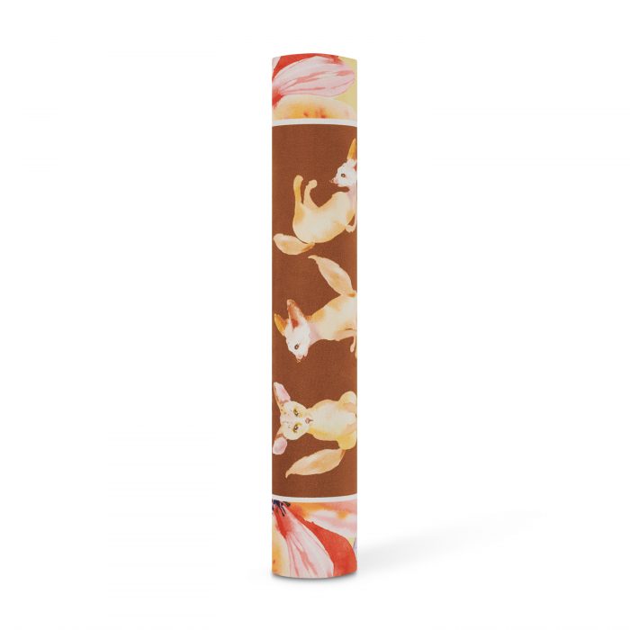 suede yoga mat with fennec fox design rolled