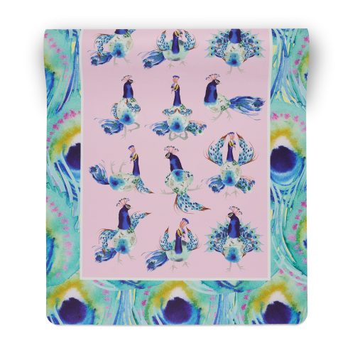peacock design doing yoga on yoga mat with pink background
