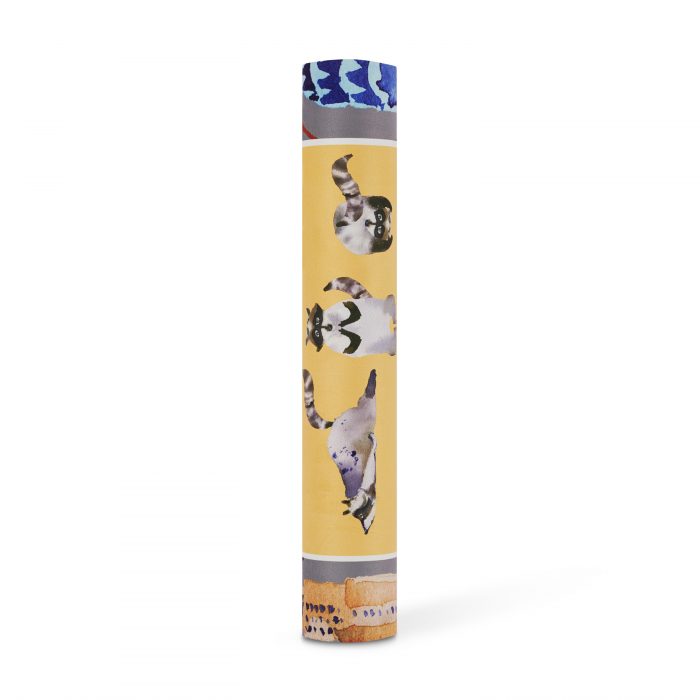 suede yoga mat with raccoon doing yoga on yellow background rolled mat
