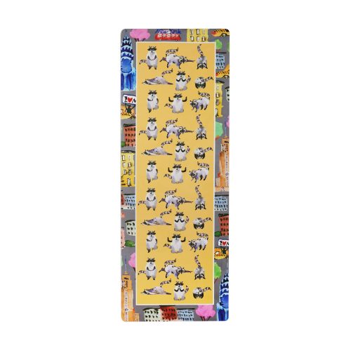 suede yoga mat with raccoon doing yoga on yellow background